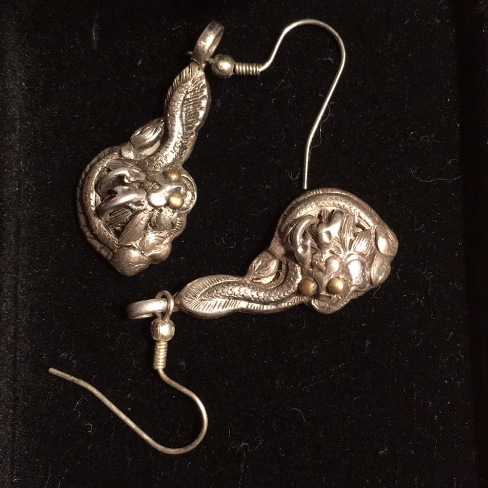 Vintage Sterling Chinese Dragon Repousse Earrings